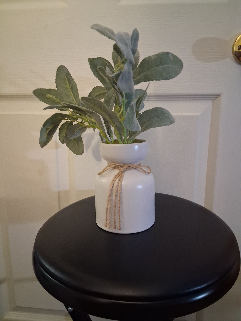 Ceramic White Vase with Natural Jute Accent and Green Faux Foliage